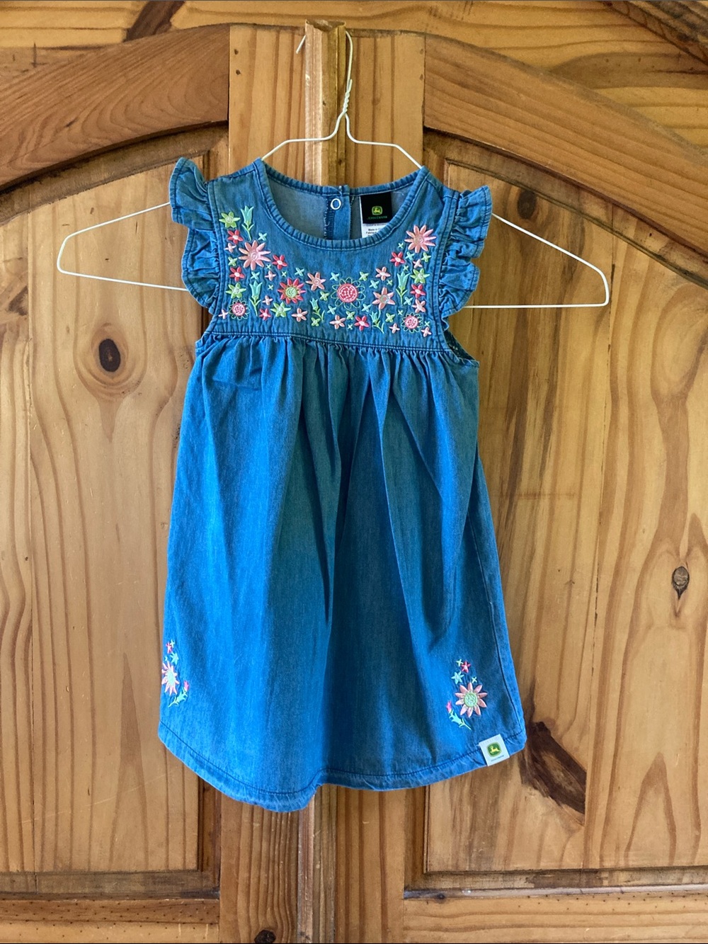Girls John Deere blue embroidered flowers denim ruffle sleeve dress size 2T